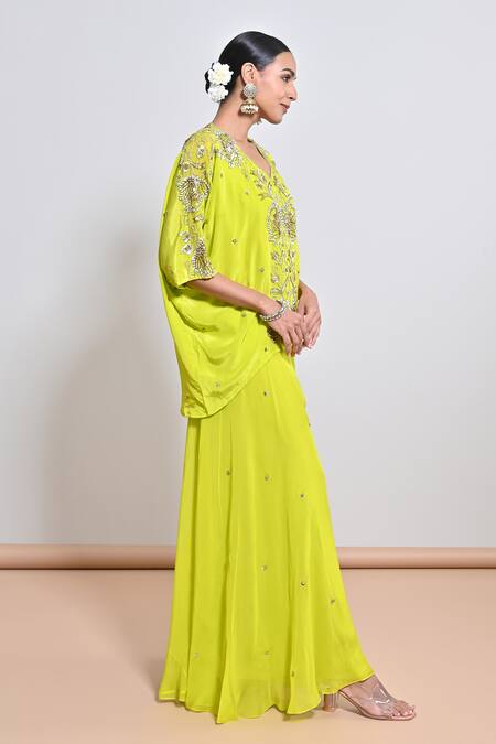 Keith Gomes_Lime Crepe, Silk Organza Sequins, Embroidery V-neck Flower Kaftan And Palazzo Set _Online_at_Aza_Fashions