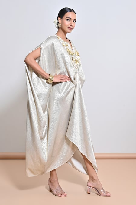 Keith Gomes_Gold Crepe Beads, Mirrors, Sequins, Embroidery Split V-neck And Kaftan _Online_at_Aza_Fashions