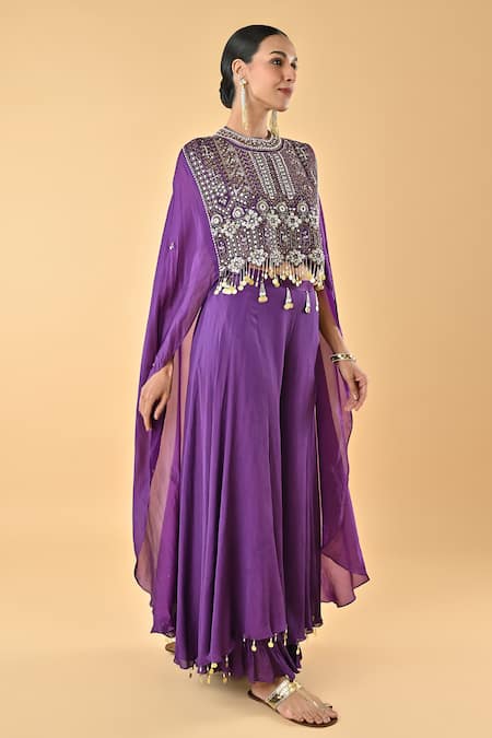 Keith Gomes_Purple Silk Organza, Chiffon, Crepe Sequins, Tassels, Kaftan And Palazzo Set _Online_at_Aza_Fashions