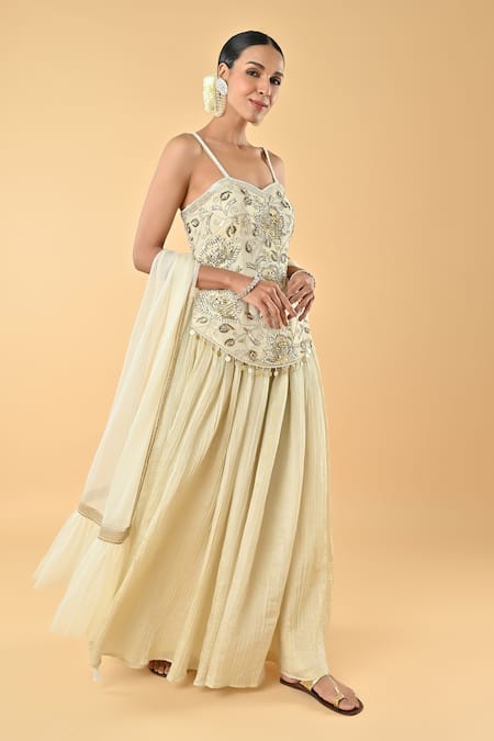 Keith Gomes_Ivory Tissue, Silk, Net Beads, Mirrors, And Embellished Tunic Palazzo Set _Online_at_Aza_Fashions