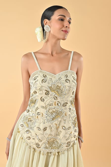 Buy_Keith Gomes_Ivory Tissue, Silk, Net Beads, Mirrors, And Embellished Tunic Palazzo Set _Online_at_Aza_Fashions