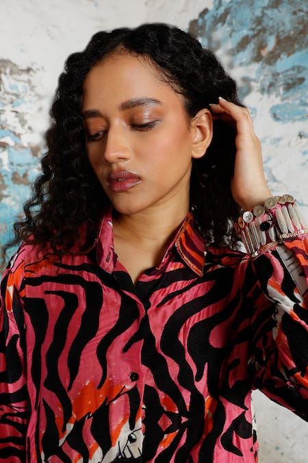 Buy Saksham & Neharicka Pink Cotton, Silk Embroidery Collared Raja Printed And Pant Set Buy_Saksham & Neharicka_Pink Cotton, Silk Embroidery Collared Raja Printed And Pant Set