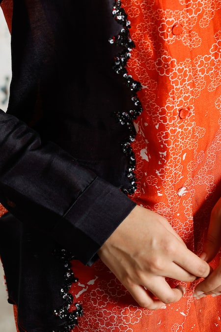 Saksham & Neharicka Red Cotton, Silk Sequins, Embroidery Collared Desert Storm Printed And Pant Set Online at Aza Fashions Saksham & Neharicka_Red Cotton, Silk Sequins, Embroidery Collared Desert Storm Printed And Pant Set _Online_at_Aza_Fashions