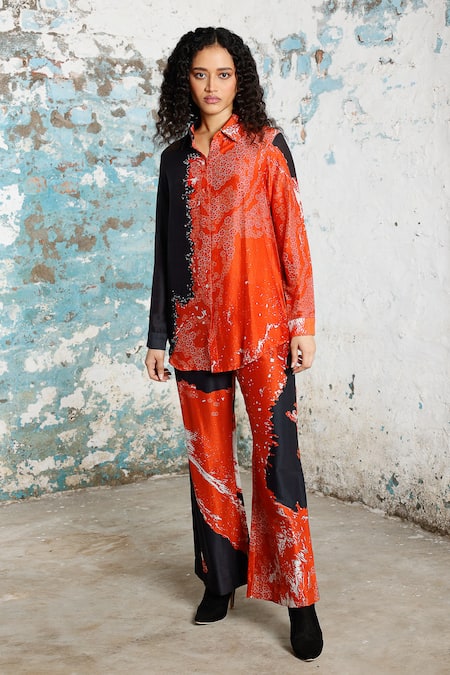 Saksham & Neharicka Red Cotton, Silk Sequins, Embroidery Collared Desert Storm Printed And Pant Set 