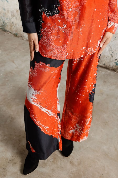 Shop Saksham & Neharicka Red Cotton, Silk Sequins, Embroidery Collared Desert Storm Printed And Pant Set Online at Aza Fashions Shop_Saksham & Neharicka_Red Cotton, Silk Sequins, Embroidery Collared Desert Storm Printed And Pant Set _Online_at_Aza_Fashions