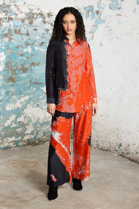 Saksham & Neharicka Red Cotton, Silk Sequins, Beads Desert Storm Printed And Embroidered Shirt 