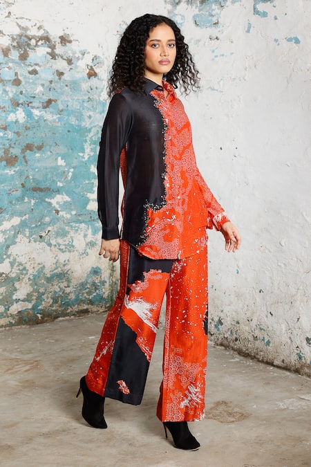 Saksham & Neharicka Red Cotton, Silk Sequins, Beads Desert Storm Printed And Embroidered Shirt at Aza Fashions Saksham & Neharicka_Red Cotton, Silk Sequins, Beads Desert Storm Printed And Embroidered Shirt _at_Aza_Fashions