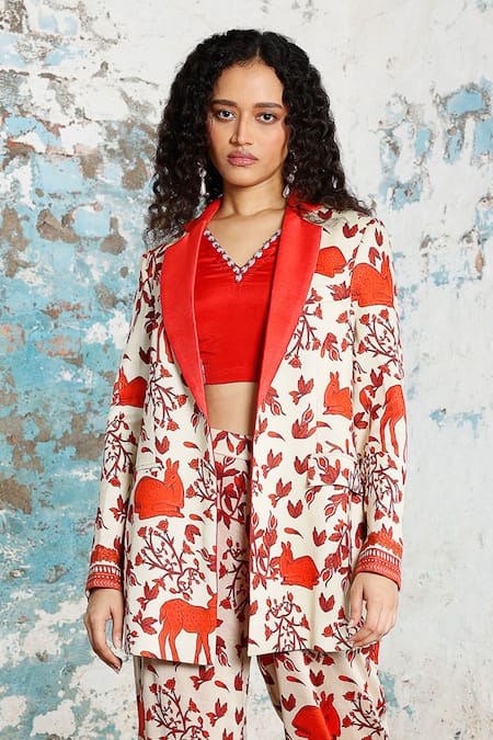 Saksham & Neharicka Beige Cotton, Silk Embroidery, Beads V-neck Xander Printed And Co-ord Pant Set Online at Aza Fashions Saksham & Neharicka_Beige Cotton, Silk Embroidery, Beads V-neck Xander Printed And Co-ord Pant Set _Online_at_Aza_Fashions