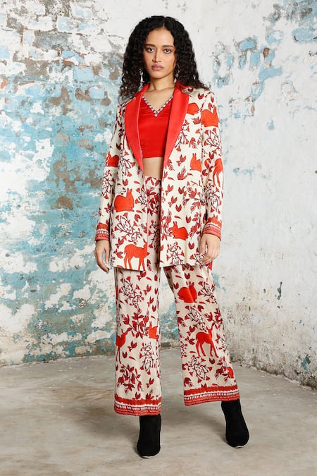 Saksham & Neharicka Beige Cotton, Silk Embroidery, Beads V-neck Xander Printed And Co-ord Pant Set at Aza Fashions Saksham & Neharicka_Beige Cotton, Silk Embroidery, Beads V-neck Xander Printed And Co-ord Pant Set _at_Aza_Fashions