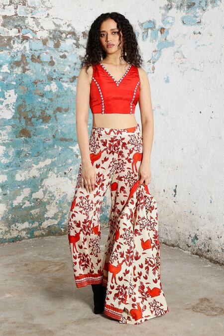 Buy Saksham & Neharicka Beige Cotton, Silk Embroidery, Beads V-neck Xander Printed And Co-ord Pant Set Buy_Saksham & Neharicka_Beige Cotton, Silk Embroidery, Beads V-neck Xander Printed And Co-ord Pant Set