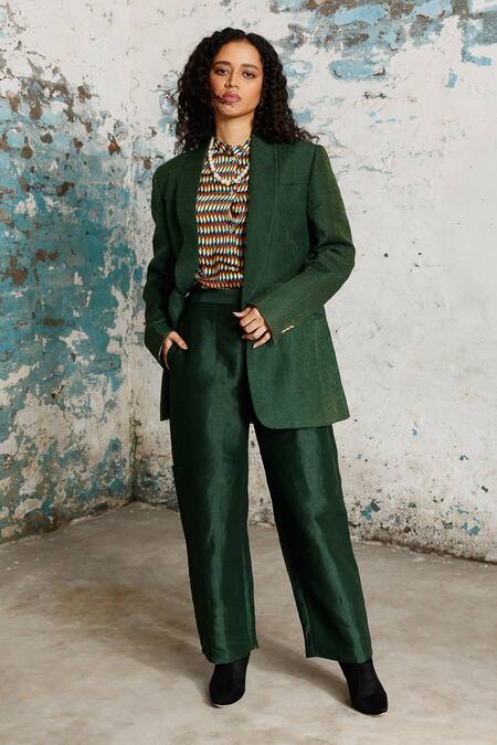 Buy_Saksham & Neharicka_Green Silk Collared John Doe Printed Shirt Pant Set _Online_at_Aza_Fashions