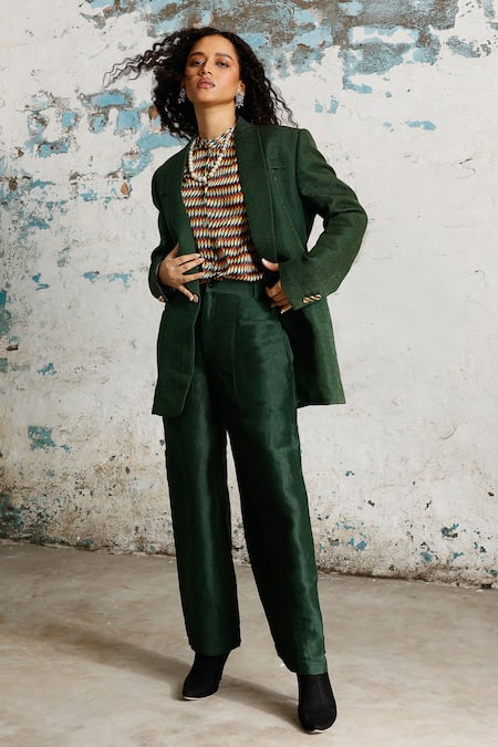Shop_Saksham & Neharicka_Green Silk Collared John Doe Printed Shirt Pant Set _Online_at_Aza_Fashions