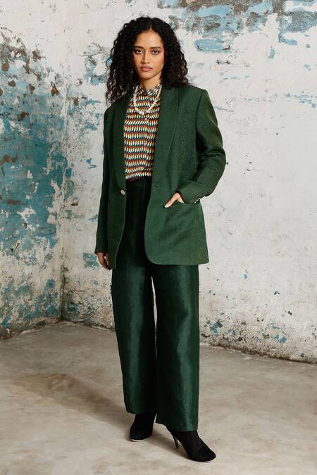 Saksham & Neharicka_Green Silk Collared John Doe Printed Shirt Pant Set _at_Aza_Fashions