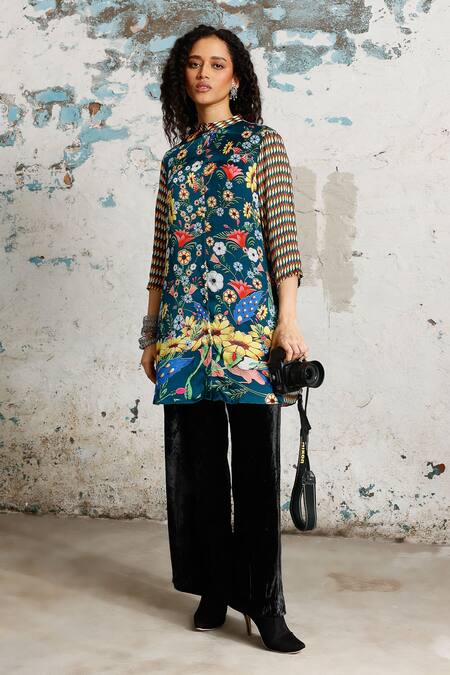 Saksham & Neharicka Multi Color Satin Collared Crossword Printed Shirt Online at Aza Fashions Saksham & Neharicka_Multi Color Satin Collared Crossword Printed Shirt _Online_at_Aza_Fashions