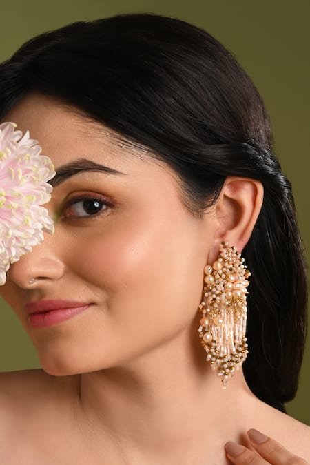 Shop_House Of D"Oro_Peach Beads, Pearls Bouquetta Beaded Embellished Earrings _Online_at_Aza_Fashions