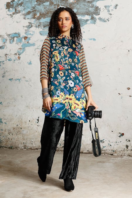 Buy Saksham & Neharicka Multi Color Satin Collared Crossword Printed Shirt Online at Aza Fashions Buy_Saksham & Neharicka_Multi Color Satin Collared Crossword Printed Shirt _Online_at_Aza_Fashions