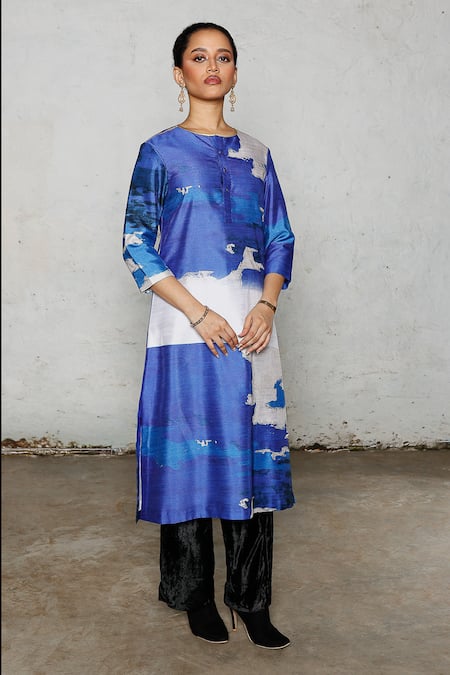 Saksham & Neharicka Blue Dupion Embroidery Round Neck Zima Printed And Kurta Online at Aza Fashions Saksham & Neharicka_Blue Dupion Embroidery Round Neck Zima Printed And Kurta _Online_at_Aza_Fashions