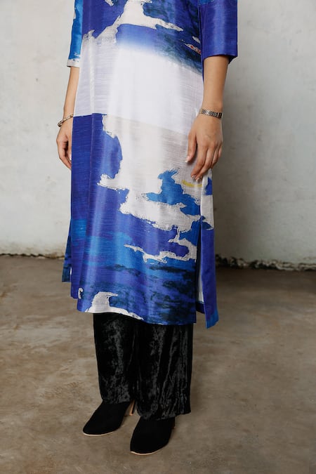 Shop Saksham & Neharicka Blue Dupion Embroidery Round Neck Zima Printed And Kurta Online at Aza Fashions Shop_Saksham & Neharicka_Blue Dupion Embroidery Round Neck Zima Printed And Kurta _Online_at_Aza_Fashions