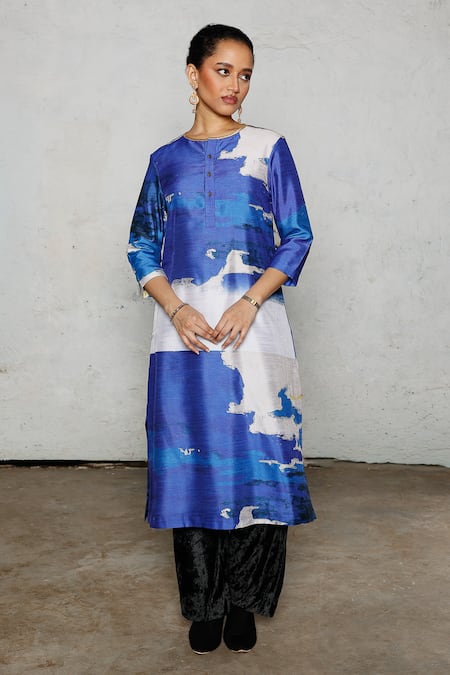 Saksham & Neharicka Blue Dupion Embroidery Round Neck Zima Printed And Kurta 