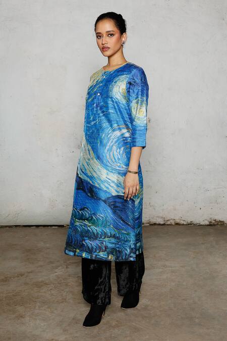 Saksham & Neharicka Blue Dupion Embroidery Round Neck Freud Printed And Kurta Online at Aza Fashions Saksham & Neharicka_Blue Dupion Embroidery Round Neck Freud Printed And Kurta _Online_at_Aza_Fashions