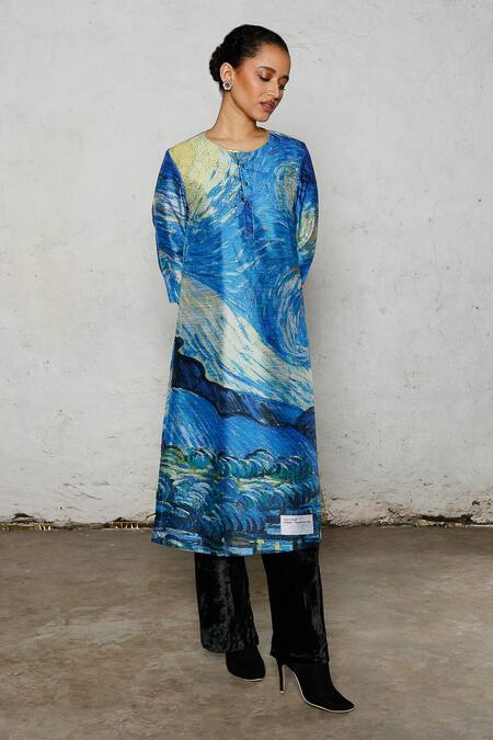 Shop Saksham & Neharicka Blue Dupion Embroidery Round Neck Freud Printed And Kurta Online at Aza Fashions Shop_Saksham & Neharicka_Blue Dupion Embroidery Round Neck Freud Printed And Kurta _Online_at_Aza_Fashions