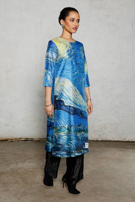 Saksham & Neharicka Blue Dupion Embroidery Round Neck Freud Printed And Kurta at Aza Fashions Saksham & Neharicka_Blue Dupion Embroidery Round Neck Freud Printed And Kurta _at_Aza_Fashions
