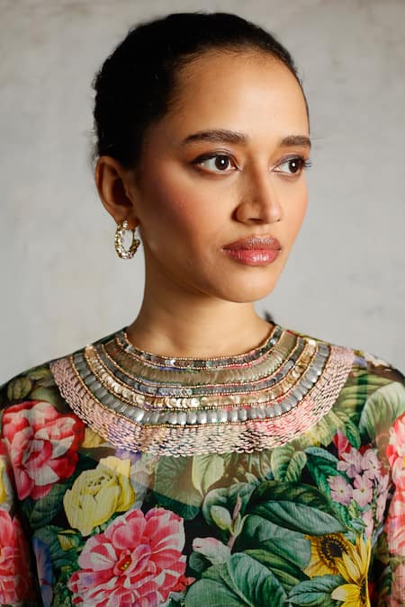 Saksham & Neharicka_Multi Color Chiffon Beads, Sequins, Embroidery Round Neck Nanak Printed And Kurta _Online_at_Aza_Fashions