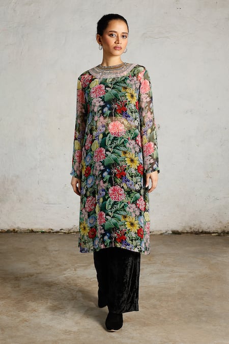 Buy_Saksham & Neharicka_Multi Color Chiffon Beads, Sequins, Embroidery Round Neck Nanak Printed And Kurta _Online_at_Aza_Fashions
