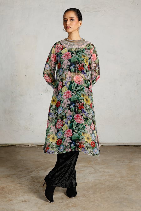 Shop_Saksham & Neharicka_Multi Color Chiffon Beads, Sequins, Embroidery Round Neck Nanak Printed And Kurta _Online_at_Aza_Fashions