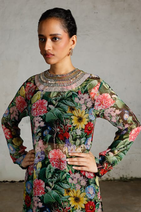 Saksham & Neharicka_Multi Color Chiffon Beads, Sequins, Embroidery Round Neck Nanak Printed And Kurta _at_Aza_Fashions