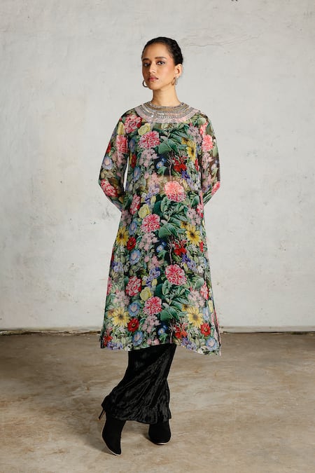 Buy_Saksham & Neharicka_Multi Color Chiffon Beads, Sequins, Embroidery Round Neck Nanak Printed And Kurta 