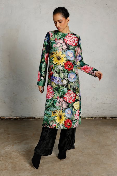 Saksham & Neharicka_Multi Color Viscose, Dupion Sequins Round Blossoms Printed And Embroidered Kurta _Online_at_Aza_Fashions