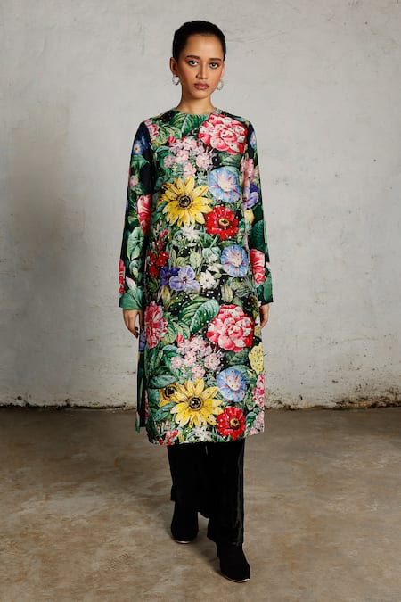 Buy_Saksham & Neharicka_Multi Color Viscose, Dupion Sequins Round Blossoms Printed And Embroidered Kurta _Online_at_Aza_Fashions