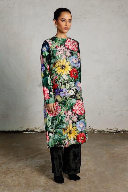 Shop_Saksham & Neharicka_Multi Color Viscose, Dupion Sequins Round Blossoms Printed And Embroidered Kurta _Online_at_Aza_Fashions