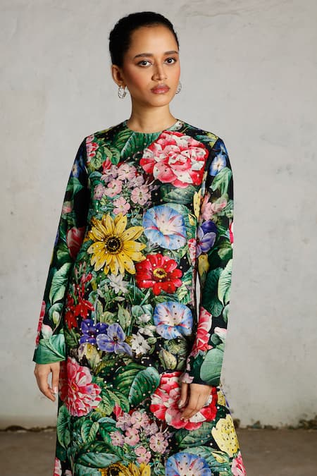 Saksham & Neharicka_Multi Color Viscose, Dupion Sequins Round Blossoms Printed And Embroidered Kurta _at_Aza_Fashions