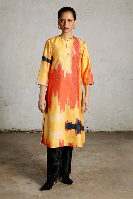 Buy_Saksham & Neharicka_Yellow Dupion Embroidery Round Neck Fret Printed And Kurta _Online_at_Aza_Fashions