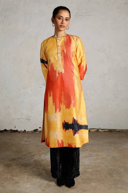 Shop_Saksham & Neharicka_Yellow Dupion Embroidery Round Neck Fret Printed And Kurta _Online_at_Aza_Fashions