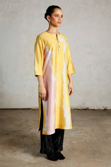 Shop Saksham & Neharicka Yellow Dupion Embroidery Round Neck Etna Printed And Kurta Online at Aza Fashions Shop_Saksham & Neharicka_Yellow Dupion Embroidery Round Neck Etna Printed And Kurta _Online_at_Aza_Fashions