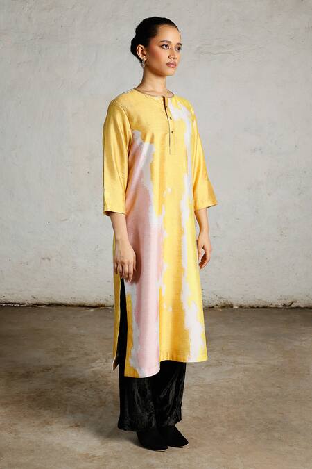 Saksham & Neharicka Yellow Dupion Embroidery Round Neck Etna Printed And Kurta at Aza Fashions Saksham & Neharicka_Yellow Dupion Embroidery Round Neck Etna Printed And Kurta _at_Aza_Fashions