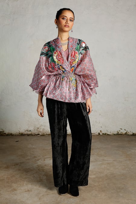 Buy_Saksham & Neharicka_Pink Organza, Satin Embroidery, Foil Printing V-neck Volta Printed And Kaftan Top _Online_at_Aza_Fashions