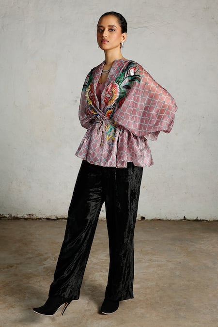 Shop_Saksham & Neharicka_Pink Organza, Satin Embroidery, Foil Printing V-neck Volta Printed And Kaftan Top _Online_at_Aza_Fashions