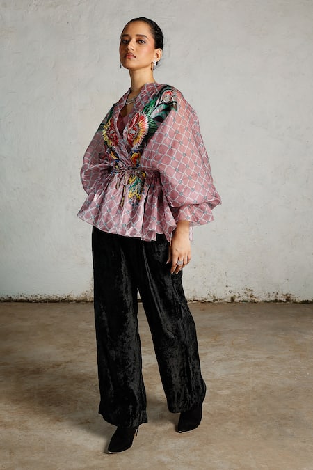Saksham & Neharicka_Pink Organza, Satin Embroidery, Foil Printing V-neck Volta Printed And Kaftan Top _at_Aza_Fashions