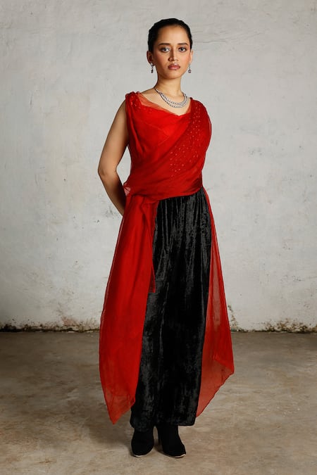 Saksham & Neharicka_Red Silk Organza Embroidery Boat Neck Nal Draped Top _Online_at_Aza_Fashions