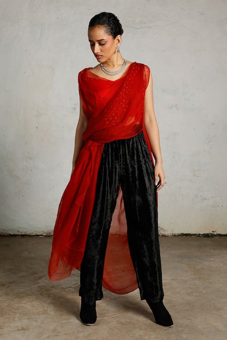 Buy_Saksham & Neharicka_Red Silk Organza Embroidery Boat Neck Nal Draped Top _Online_at_Aza_Fashions