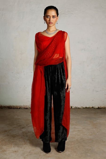 Saksham & Neharicka_Red Silk Organza Embroidery Boat Neck Nal Draped Top _at_Aza_Fashions