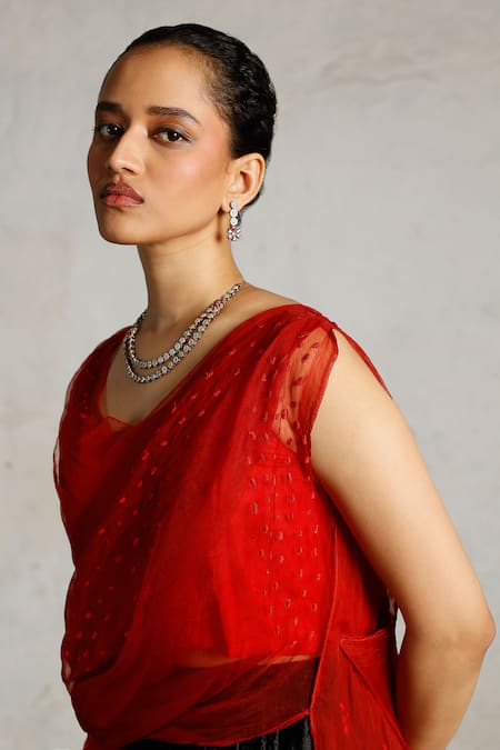 Buy_Saksham & Neharicka_Red Silk Organza Embroidery Boat Neck Nal Draped Top 