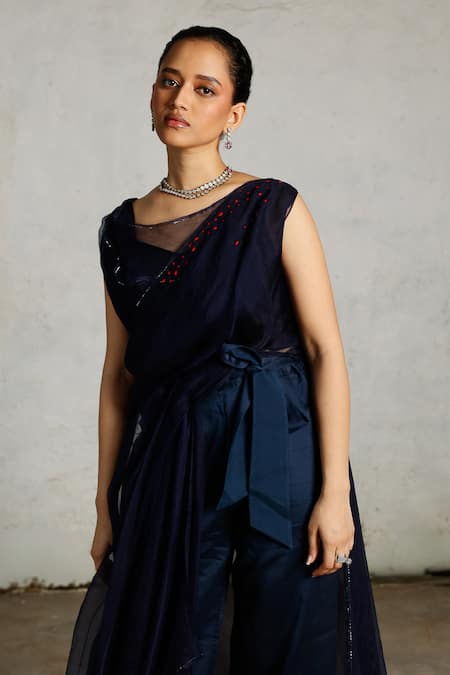 Saksham & Neharicka_Navy Silk Organza Embroidery Scoop Neck Neel Draped Top _Online_at_Aza_Fashions
