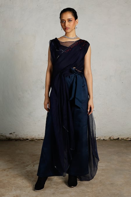 Buy_Saksham & Neharicka_Navy Silk Organza Embroidery Scoop Neck Neel Draped Top _Online_at_Aza_Fashions