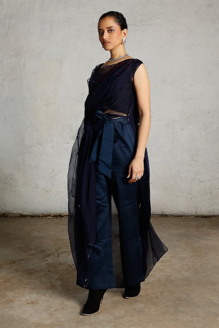 Saksham & Neharicka_Navy Silk Organza Embroidery Scoop Neck Neel Draped Top _at_Aza_Fashions