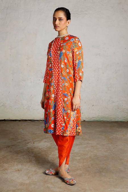 Saksham & Neharicka_Orange Cotton, Silk Pearls, Embroidery Round Jamini Printed And Kurta Pant Set _Online_at_Aza_Fashions